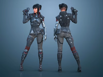 Futuristic Sci Fi Character Armor Outfit With Mechanical Arm And Biomechanical Details Front Back Views 3d model