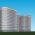 Modern Office Building With Curved Glass Curtain Wall And Green Lawn