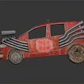 Red Modified Car With Multiple Exhaust Pipes NEE Logo And Worn Tires