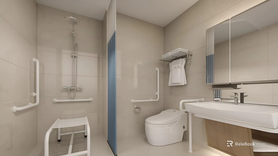 Bright Modern Accessible Public Toilet With Safety Grab Bars And Complete Bathroom Facilities 3d model 