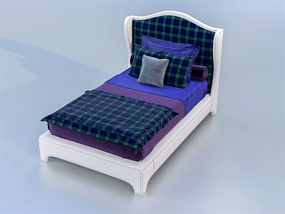 Single Bed With White Frame Plaid Upholstered Headboard Purple Sheet Blue Quilt Gray Pillow 3d model