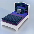 Single Bed With White Frame Plaid Upholstered Headboard Purple Sheet Blue Quilt Gray Pillow