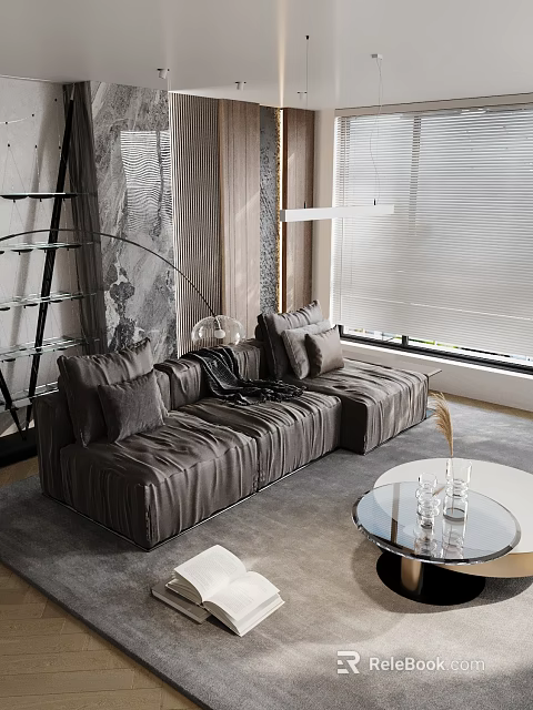 Modern Living Room Interior Featuring Gray Sofa Cushions Throw Blanket Glass Coffee Table And Blinds 3d model 