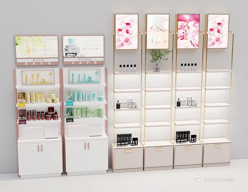 Modern White And Pink Display Shelves With Skincare Products And Decorative Posters 3d model 