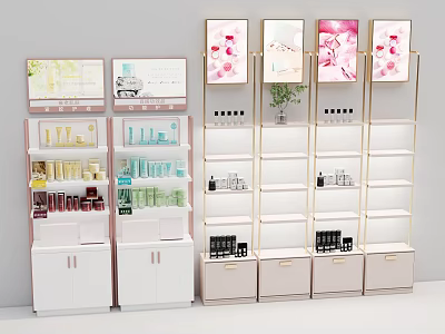 Modern White And Pink Display Shelves With Skincare Products And Decorative Posters 3d model