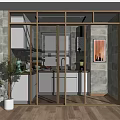 Modern Sliding Door Interior Design With Glass Panels Wooden Frame And Green Plant Decoration