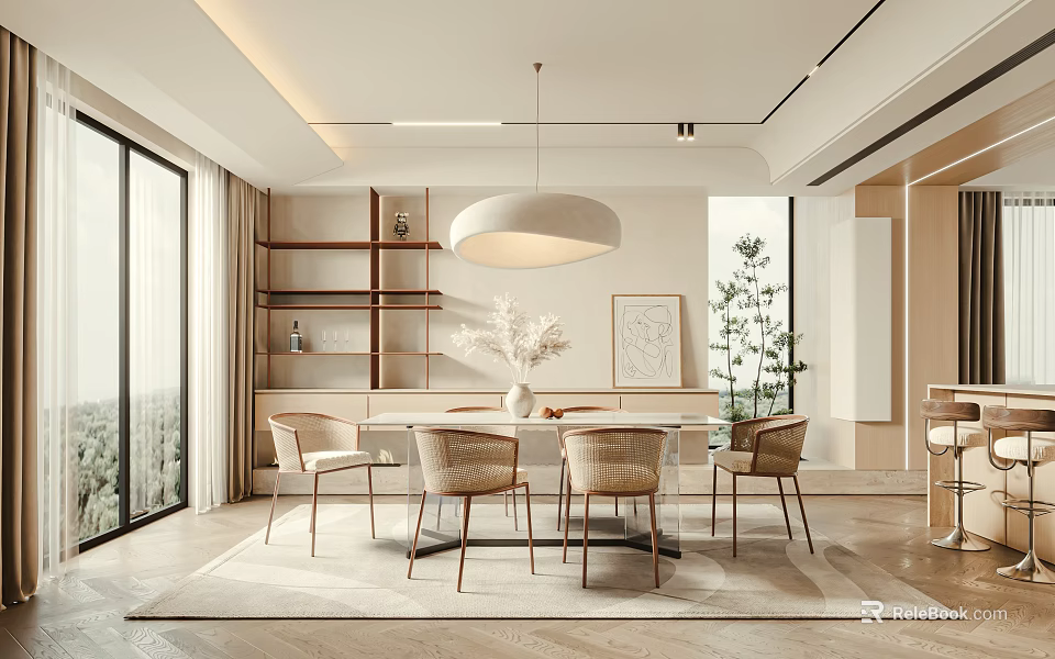 Modern Restaurant Interior With Round Dining Table Woven Chairs Pendant Light And Large Windows 3d model 