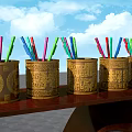 Brown Decorative Pen Holders With Gold Patterns Holding Colorful Pens On Wooden Shelf