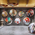 Japanese Style Interior With Circular Floral Bird Figure Paintings And Oil Paper Umbrellas