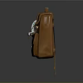 Brown Leather Backpack With Metal Buckles And Mechanical Arm Interaction On Dark Background