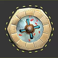 Ornate Stone Fountain With Circular Base Blue Water Flow And Yellow Accents
