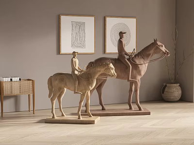 Wooden Horse and Rider Sculptures Large and Small Artistic Carving Indoor 3d model