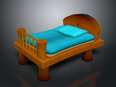 Wooden Children's Bed With Tree Stump Shaped Legs Blue Striped Mattress And Pillow 3d model