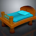 Wooden Children's Bed With Tree Stump Shaped Legs Blue Striped Mattress And Pillow