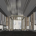 Modern Luxury Hotel Lobby With Crystal Chandeliers Marble Floor And Symmetric Wooden Decor