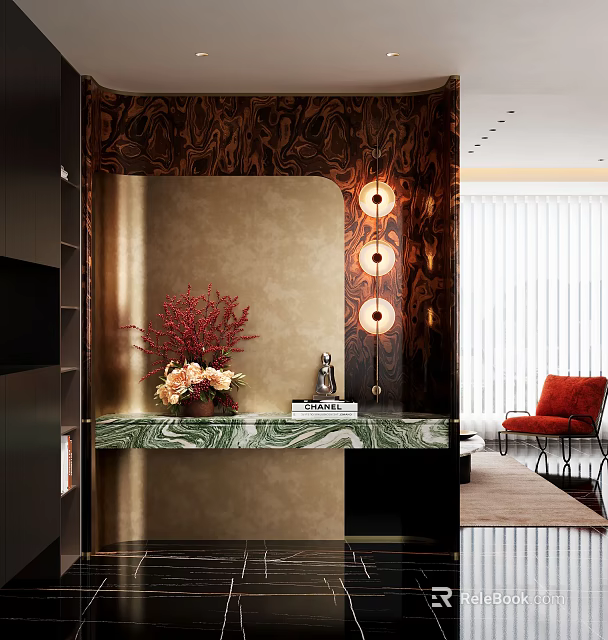 Modern Entryway With Patterned Wall Marble Countertop Flower Arrangement Red Chair And Round Pendant Lights 3d model 
