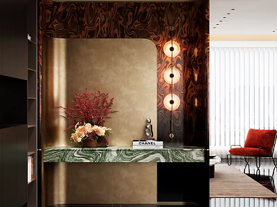 Modern Entryway With Patterned Wall Marble Countertop Flower Arrangement Red Chair And Round Pendant Lights 3d model