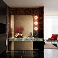 Modern Entryway With Patterned Wall Marble Countertop Flower Arrangement Red Chair And Round Pendant Lights