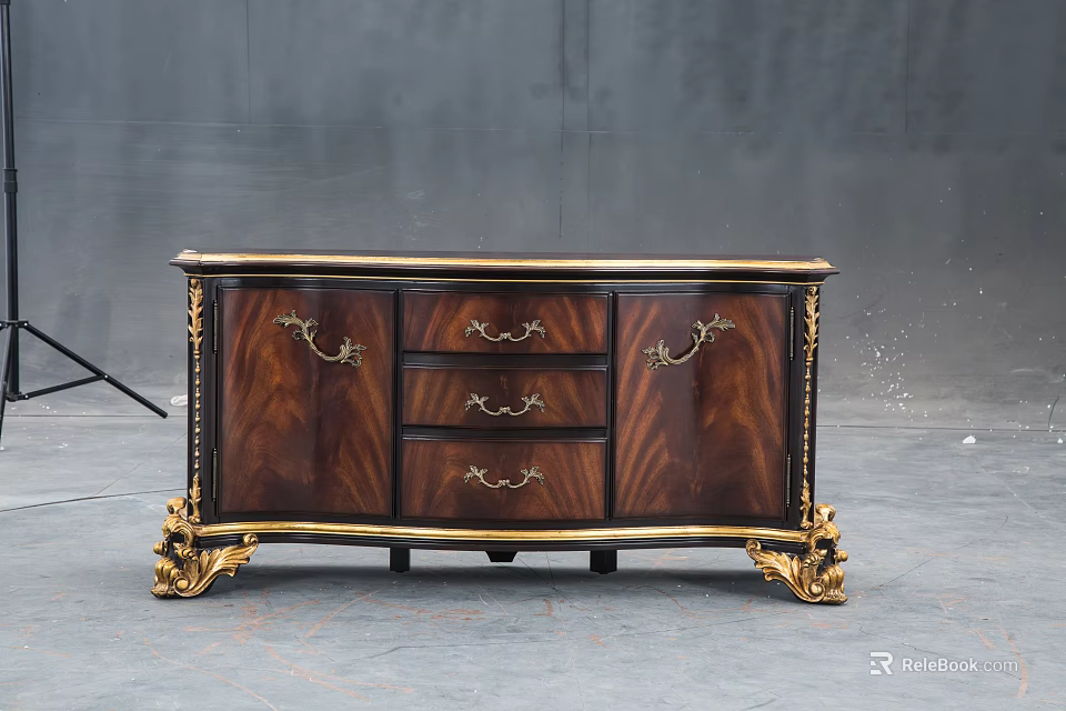 Elegant Ornate Dark Wood TV Stand With Gold Accents Carved Legs And Drawers 3d model 