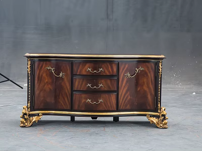 Elegant Ornate Dark Wood TV Stand With Gold Accents Carved Legs And Drawers 3d model