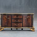 Elegant Ornate Dark Wood TV Stand With Gold Accents Carved Legs And Drawers