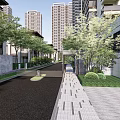Modern Urban Garden Landscape With Trees Green Plants Paved Pathway And High Rise Buildings
