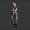 Woman in Traditional Embroidered Vest and Striped Headscarf Standing Against Gray Background