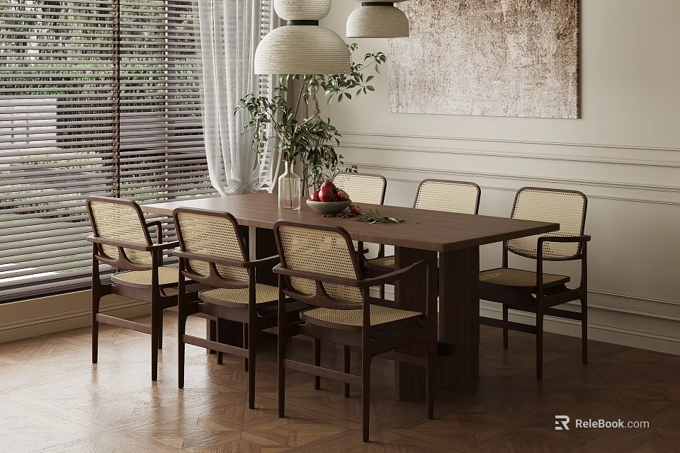 Mid Century Rattan Woven Leisure Chairs With Solid Walnut Frame For Cozy Home Dining Room 3d model 