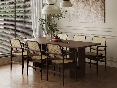 Mid Century Rattan Woven Leisure Chairs With Solid Walnut Frame For Cozy Home Dining Room 3d model