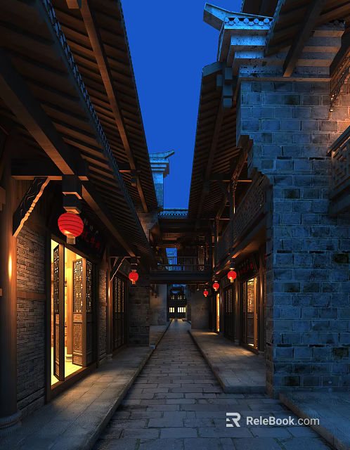 Ancient Architecture Traditional Street With Red Lanterns Stone Path And Wooden Structures 3d model 
