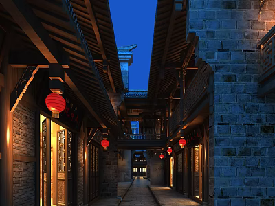 Ancient Architecture Traditional Street With Red Lanterns Stone Path And Wooden Structures 3d model