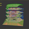 Futuristic Multi Layered Architectural Model With Blue Orange Lighting And Geometric Design