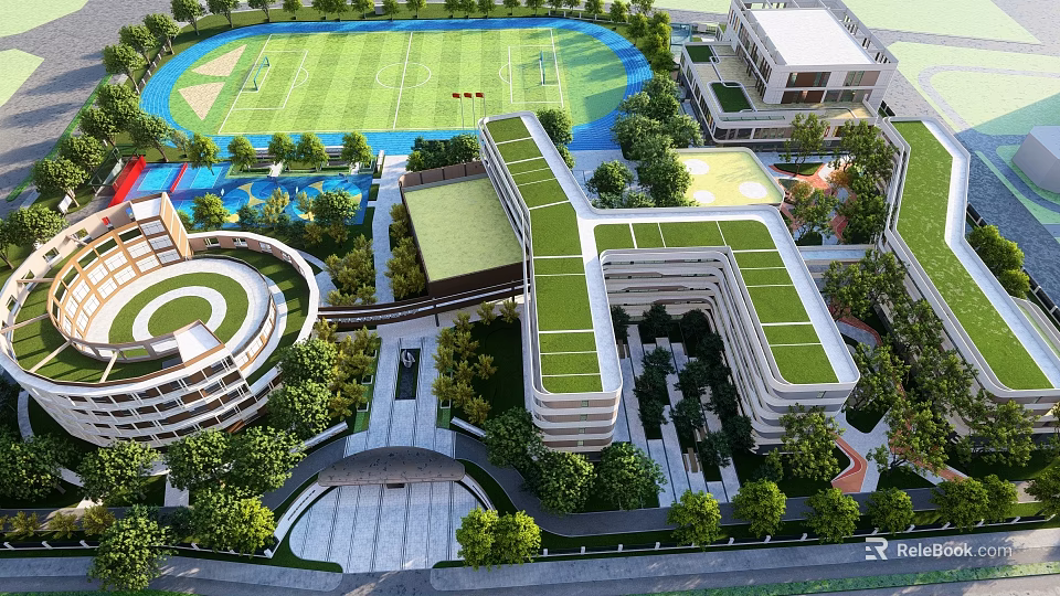 Modern Garden Landscape With Green Roofs Sports Grounds Trees And Walking Paths 3d model 