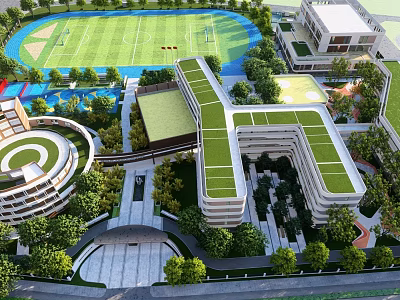 Modern Garden Landscape With Green Roofs Sports Grounds Trees And Walking Paths 3d model