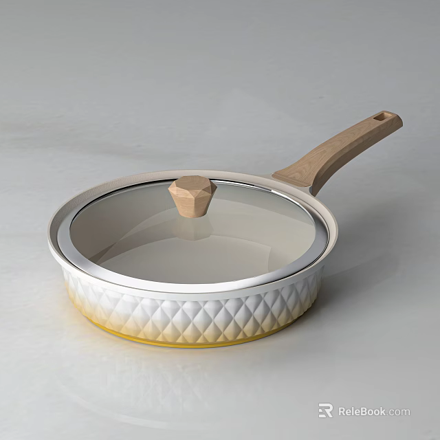 Elegant Frying Pan with Glass Lid Wooden Handle and Diamond Pattern Design 3d model 