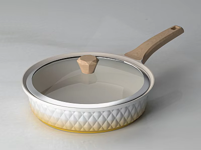 Elegant Frying Pan with Glass Lid Wooden Handle and Diamond Pattern Design 3d model