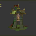 Traditional Asian Architectural Structure With Green Roof Golden Ornaments Bronze Bell And Tree Root Base