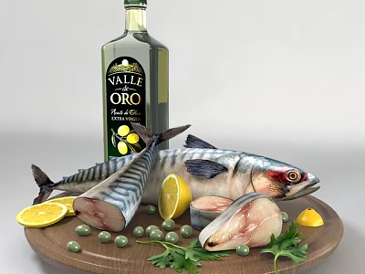 Fresh Mackerel Fish With Olive Oil Lemon Peas And Parsley On Wooden Board 3d model