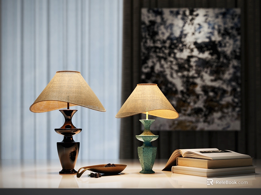Table Lamps Brown Turquoise With Beige Shades In Modern Interior Abstract Painting Books On Desk 3d model 