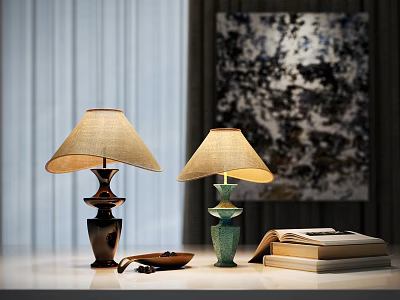 Table Lamps Brown Turquoise With Beige Shades In Modern Interior Abstract Painting Books On Desk 3d model