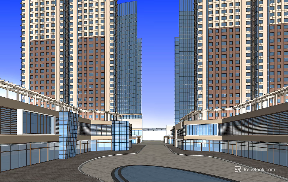 Modern Commercial Street With High Rise Buildings Glass Facades And Pedestrian Walkway 3d model 