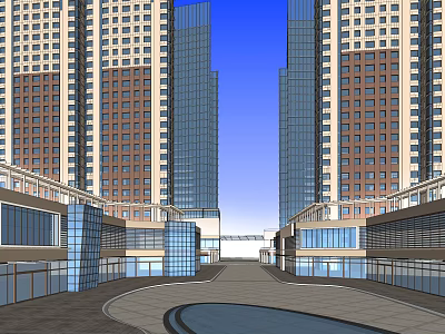 Modern Commercial Street With High Rise Buildings Glass Facades And Pedestrian Walkway 3d model