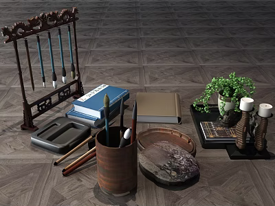 Traditional Chinese Stationery Collection With Brushes Inkstone Books And Potted Plant 3d model
