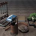 Traditional Chinese Stationery Collection With Brushes Inkstone Books And Potted Plant