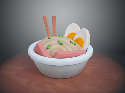 Tasty Noodle Bowl With Halved Fried Eggs Sliced Meat Chopped Green Onions And Chopsticks 3d model