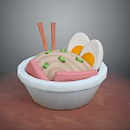 Tasty Noodle Bowl With Halved Fried Eggs Sliced Meat Chopped Green Onions And Chopsticks