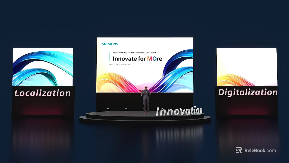 Siemens Innovate for MORE Event Stage with 3D Innovation Letters and Digital Screens 3d model 