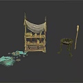 Ancient Style Display Stand With Cloth Drape Vessels Small Stool And Paper Fragments