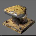 Industrial Rusted Yellow Bollard Component With Peeling Paint And Square Base