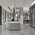 Modern Specialty Store Interior With Glass Windows Display Counter And Pendant Lights